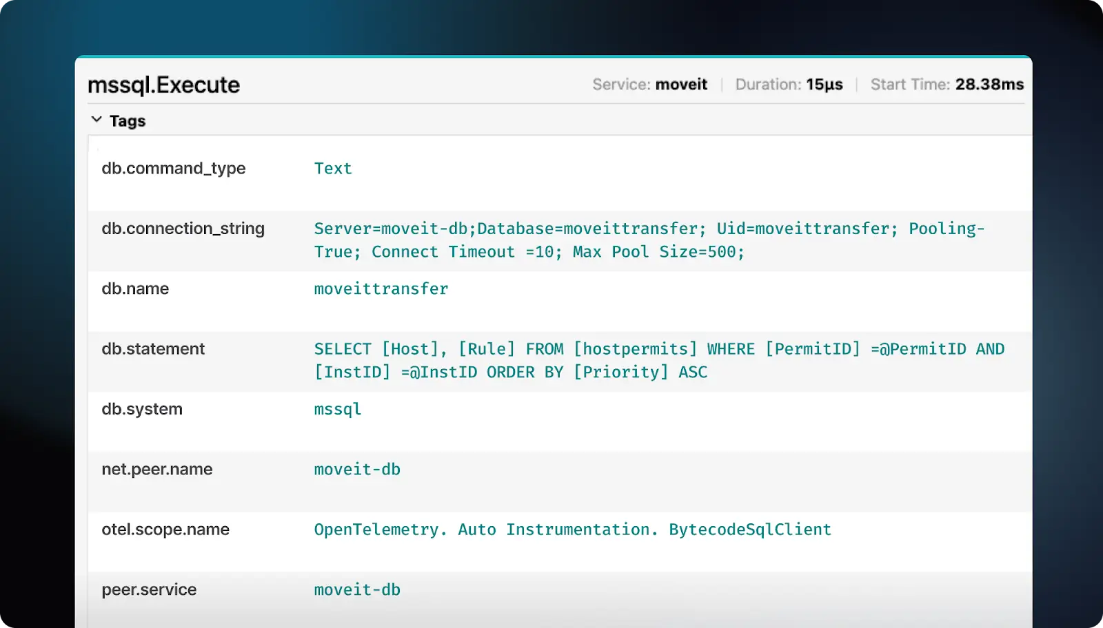 Screenshot of an OpenTelemetry trace for the mssql.Execute function.