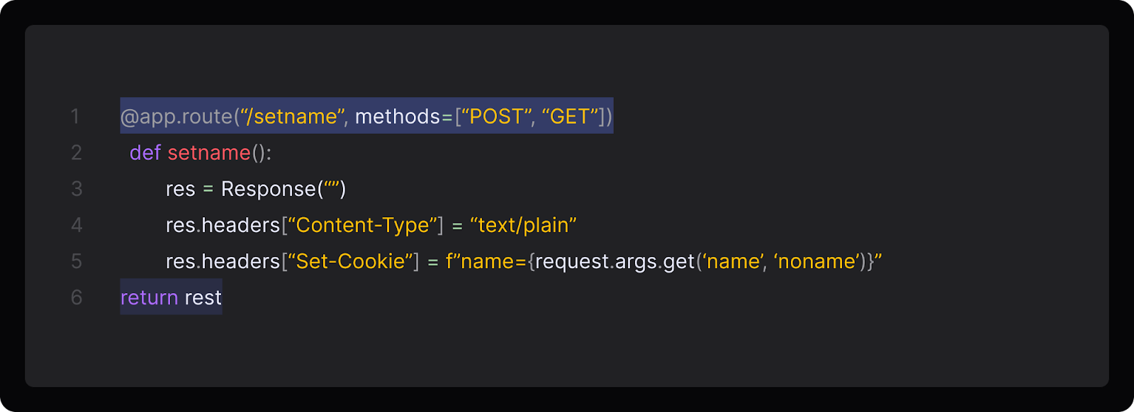 Code snippet showing the Python /setname endpoint.