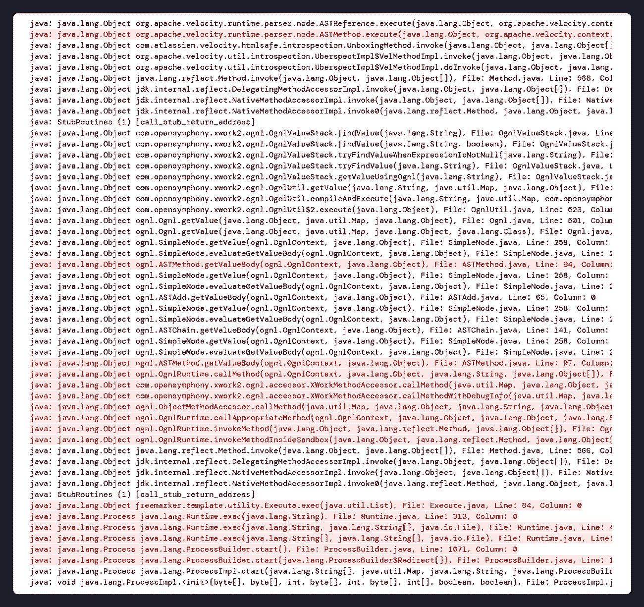 Screenshot from Miggo: Highlighted evidence of the internal application’s full-stack trace