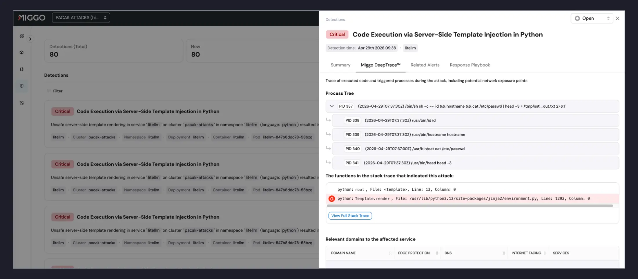 Image 2: Screenshot of Miggo Security platform at work blocking without CVE signature 