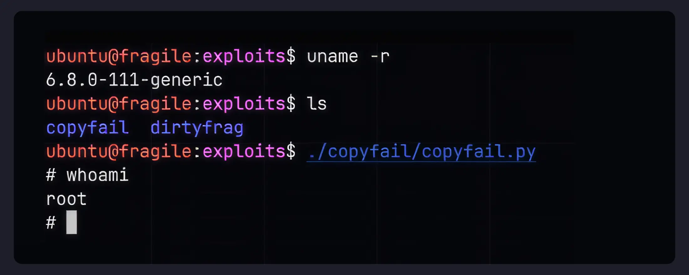 Terminal output showing the Copy Fail exploit being executed on a vulnerable Linux system, resulting in root access confirmation via a whoami command.