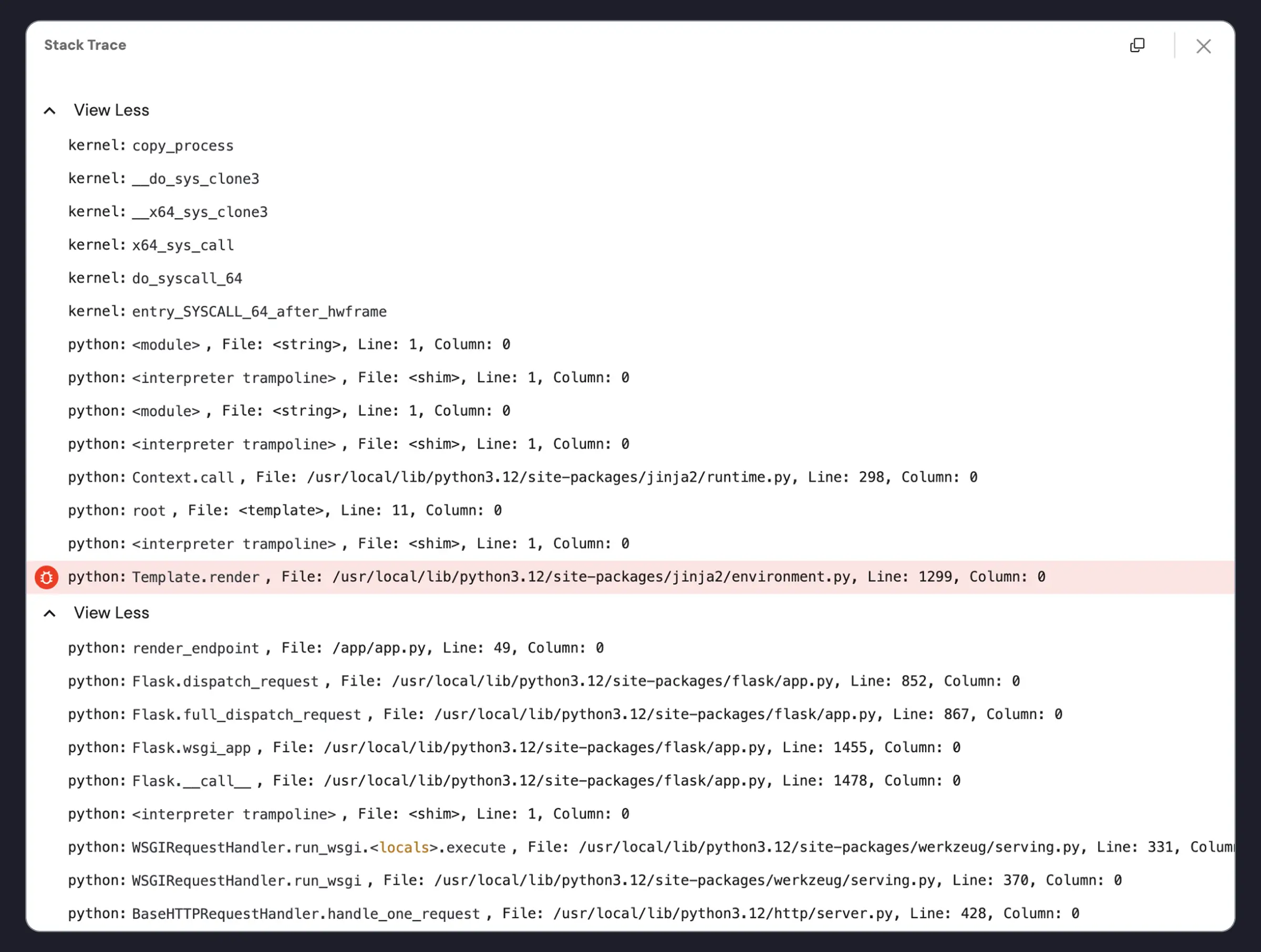 Miggo DeepTrace stack trace showing Jinja2 Template.render as the parent frame of a spawned process.