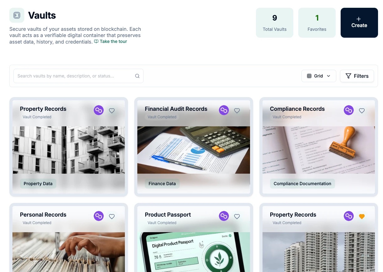 Filedgr app showing Vaults for property, financial audit and compliance records
