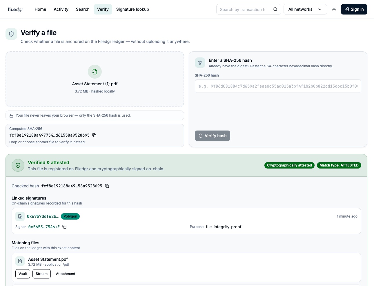 Filedgr explorer confirming a file is verified and attested on-chain