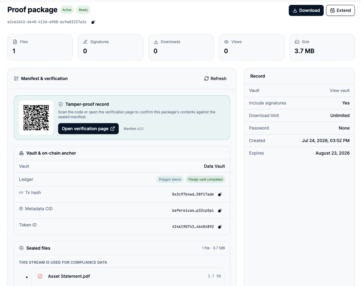 Filedgr proof package with verification QR code, on-chain anchor and sealed files