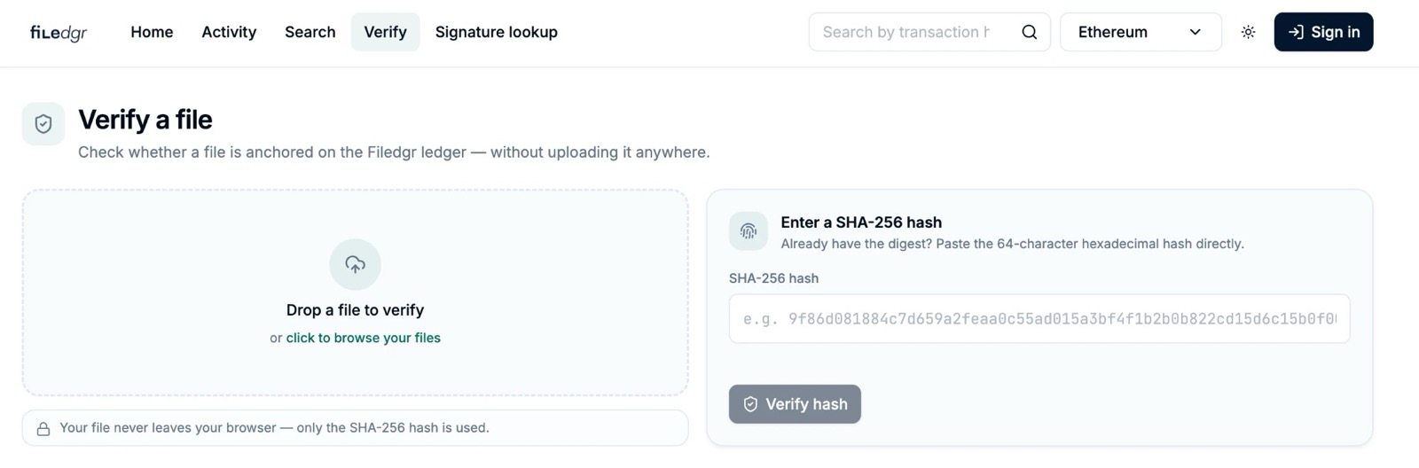 Filedgr explorer: verify a file by dropping it in or pasting its SHA-256 hash