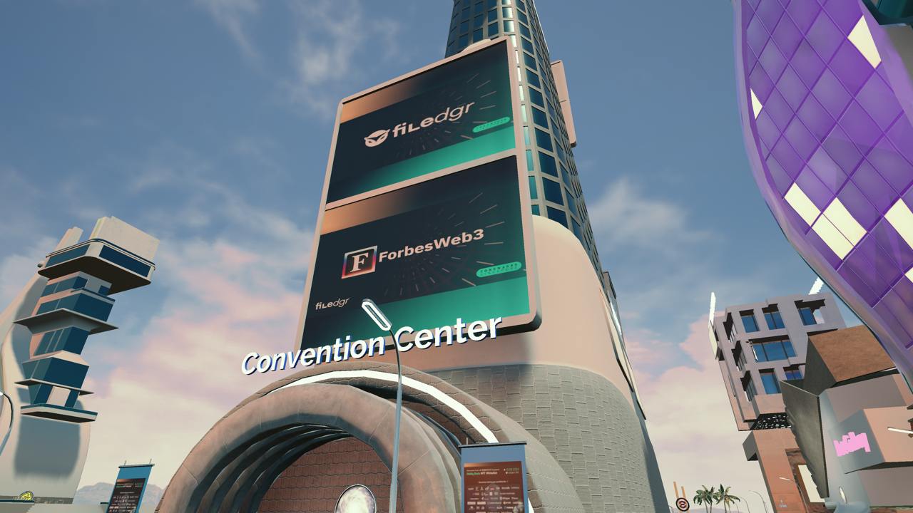 snapshot of the convention tower of the milc metaverse in the fieldgr oddly owls event