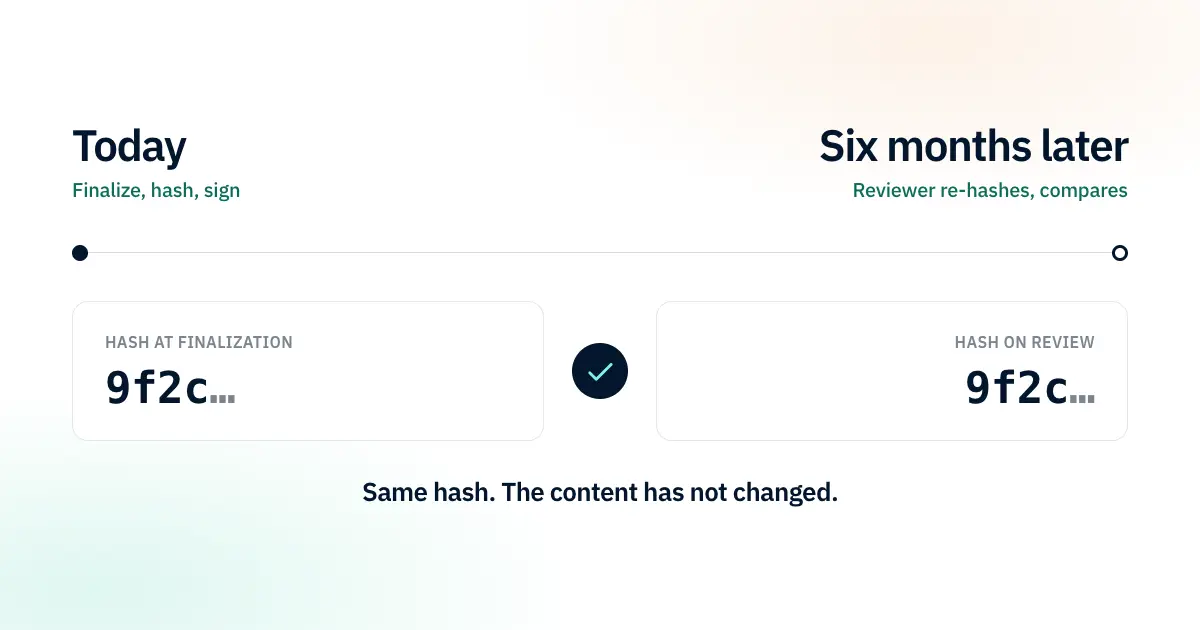 Illustrative example. A hash recorded at finalization gives a fixed reference point. If a reviewer's hash of the file matches it in full later, the content has not changed.