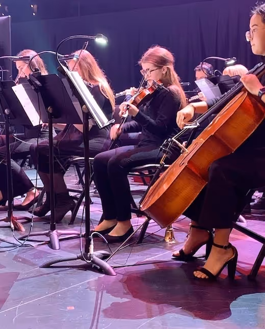 Orchestra musicians playing string instruments on stage under stage lights