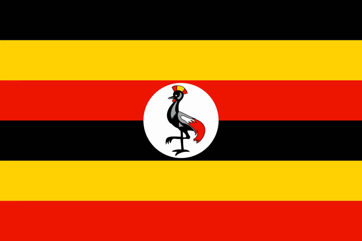 Uganda flag with a crowned crane in white circle on red, black, and yellow