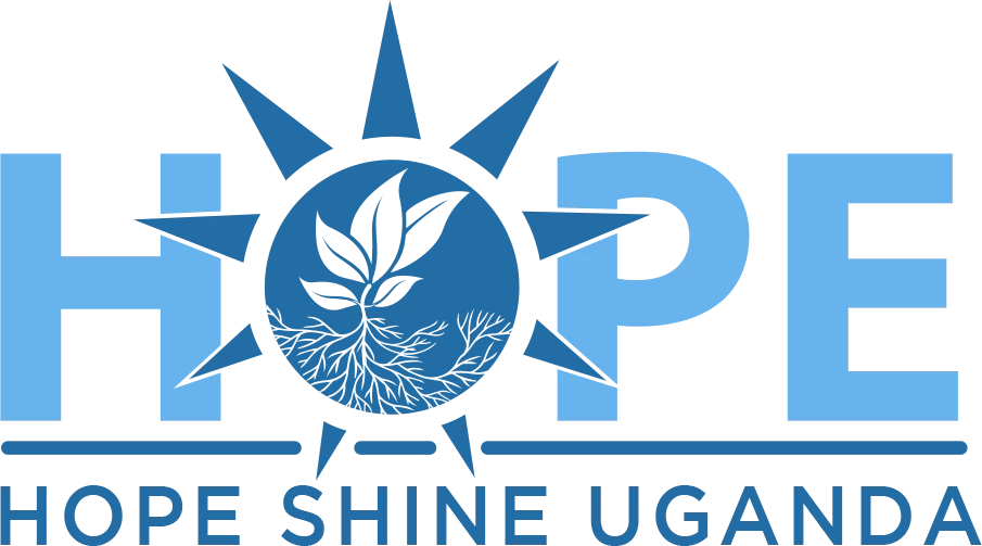 Hope Shine Uganda logo with sun, leaf, and roots in blue tones