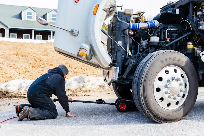 Mobile truck repair service on a heavy-duty semi-truck as a technician performs roadside diagnostics and maintenance with the hood raised.