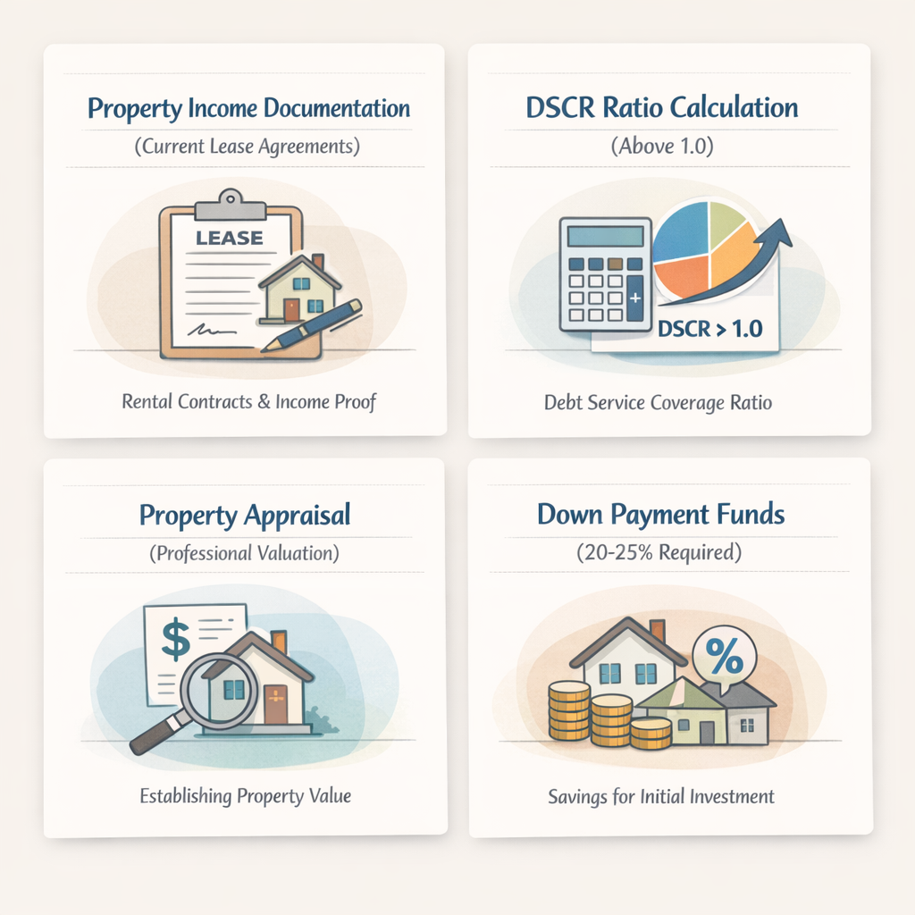 Visualizing essential DSCR loan requirements: Property Income Documentation, DSCR Ratio Calculation, Property Appraisal, Down Payment Funds.
