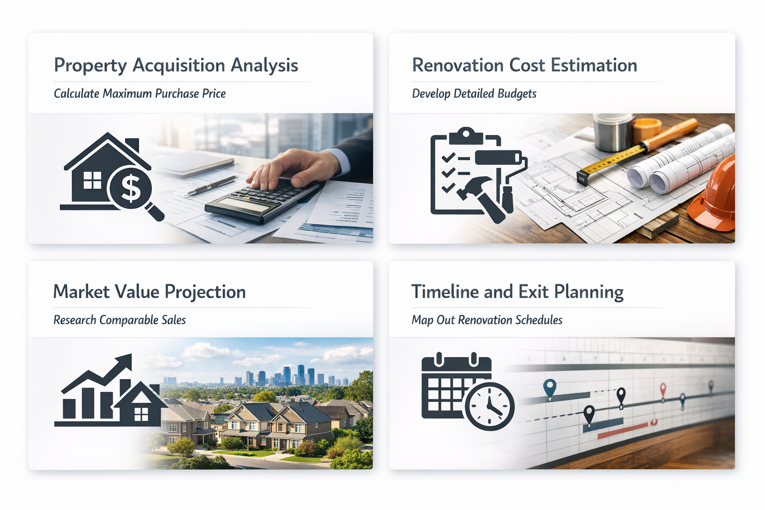Step-by-step deal evaluation process for fix and flip projects including acquisition analysis, cost estimation, and exit planning.