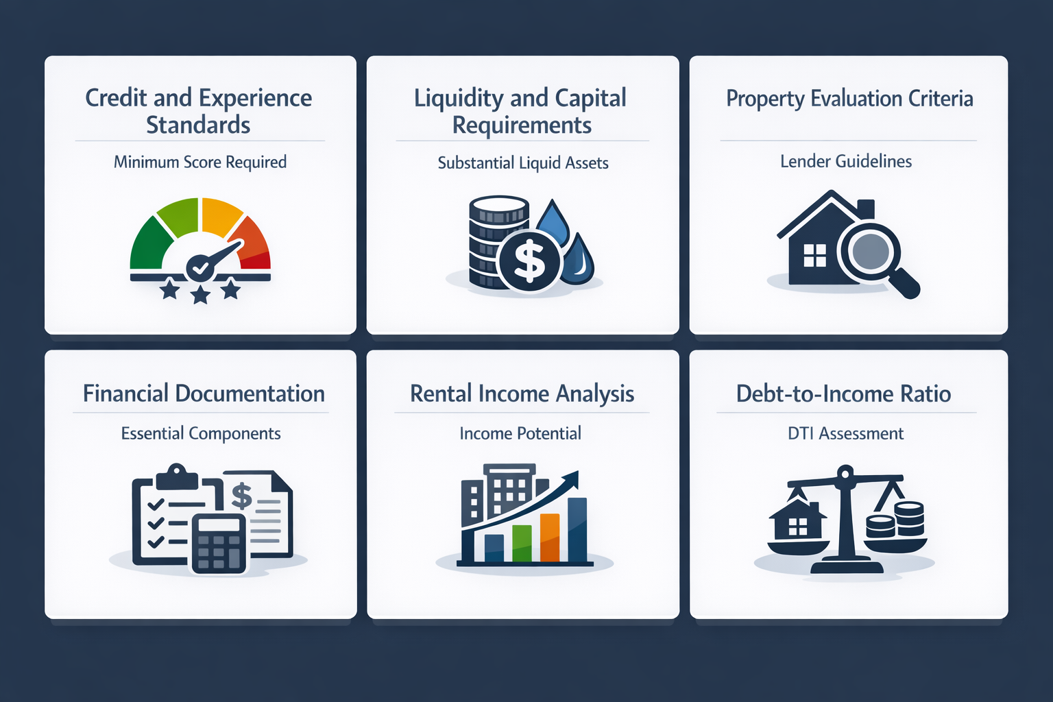 Visual representation of pre-application qualification requirements for fix and flip loans, including credit standards and documentation.