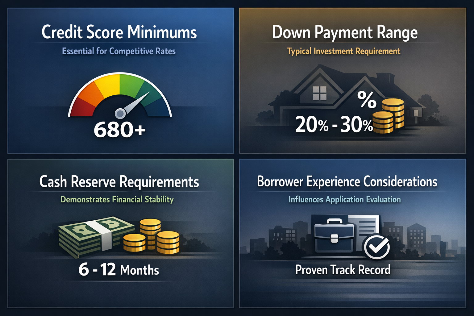 Visual guide on DSCR loan requirements including credit score, down payment, cash reserves, and borrower experience factors.
