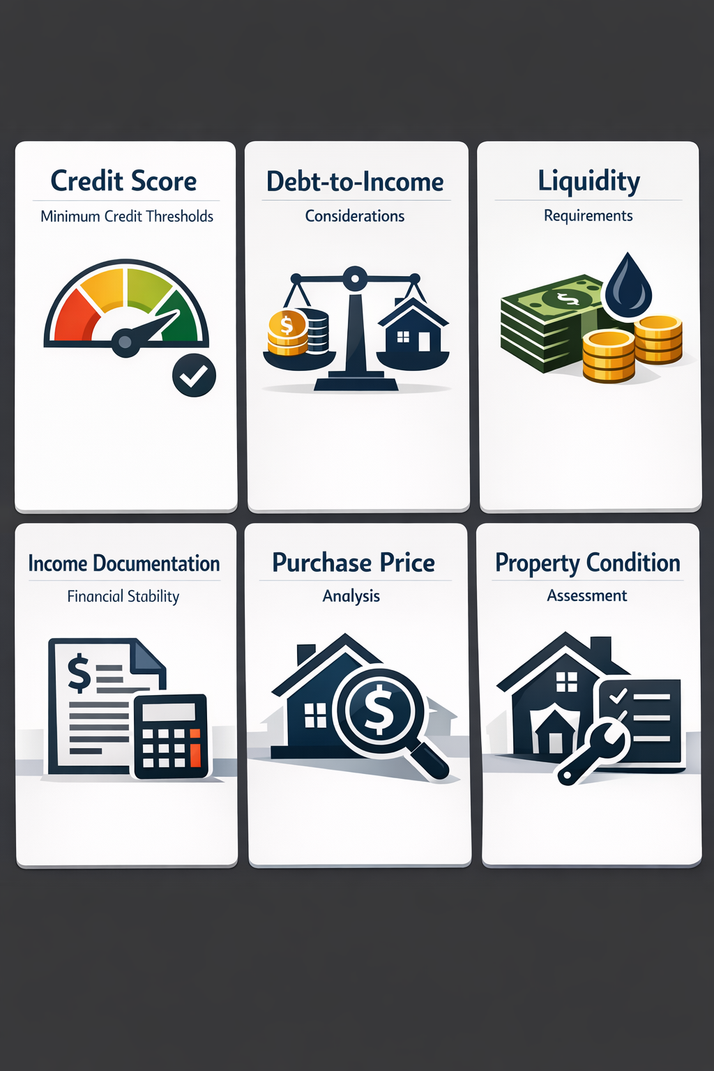 Visualizing credit score and financial foundation requirements for fix and flip loans with key factors and assessments.