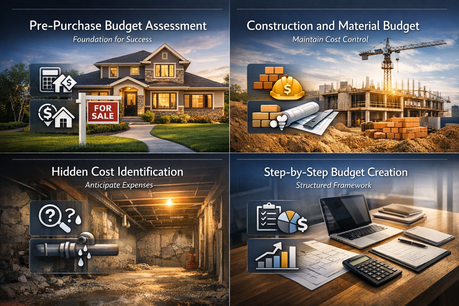 Visual guide on budgeting for property flips covering assessment, construction costs, hidden expenses, and budget creation steps.