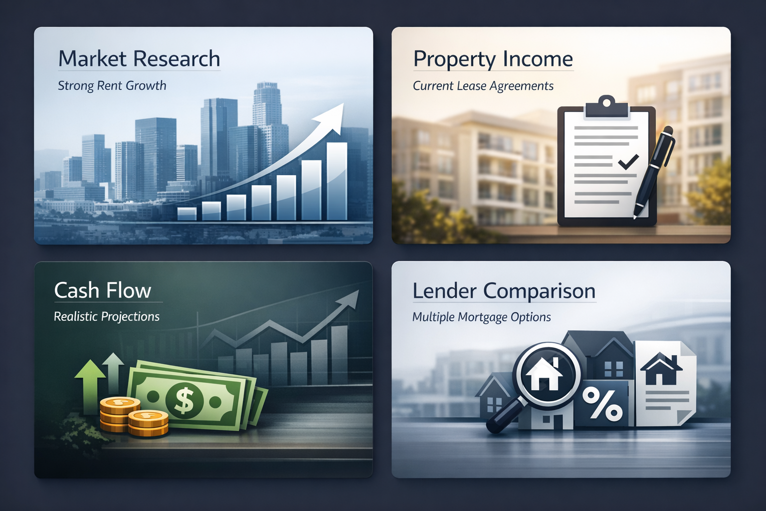 Infographic showing essential pre-investment planning steps for DSCR loans including market research, income documentation, cash flow projections, and lender comparisons.