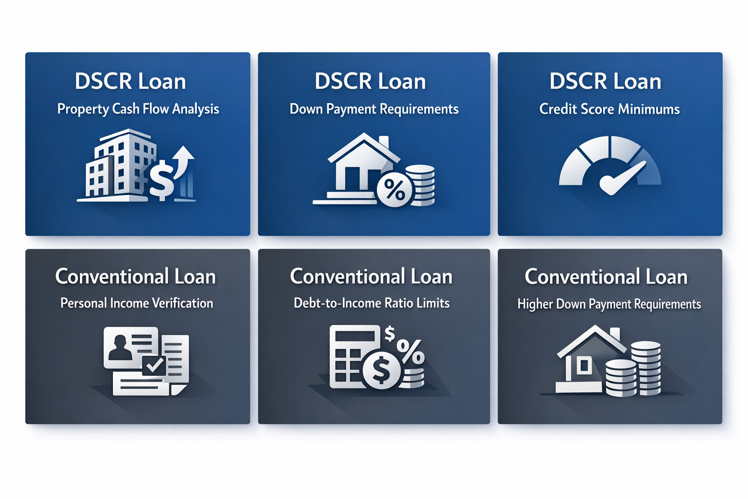 Comparison of DSCR and Conventional Loan qualification requirements including cash flow analysis and down payment needs.
