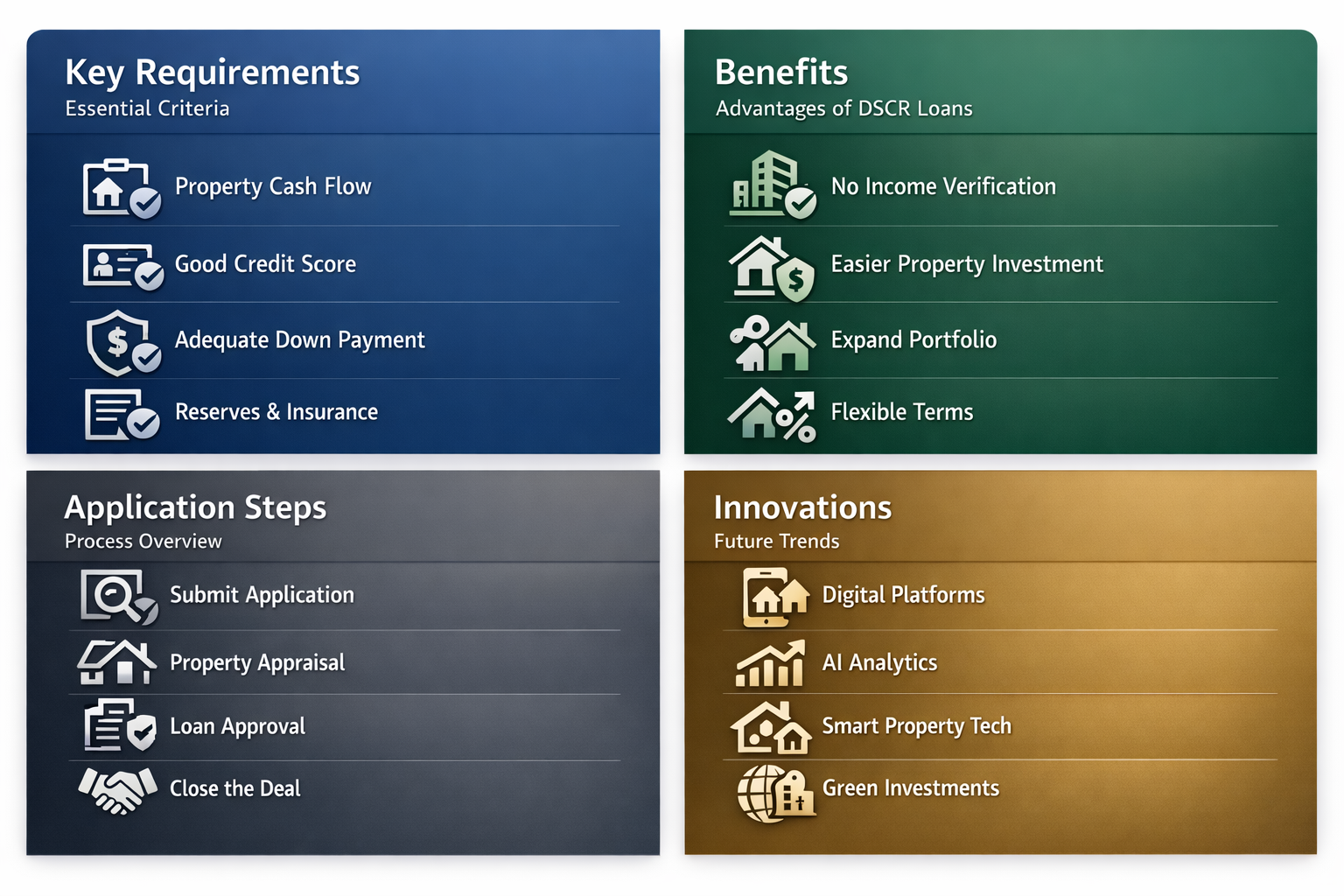 Visual breakdown of key requirements, benefits, application steps, and innovations for DSCR loans in real estate investing.