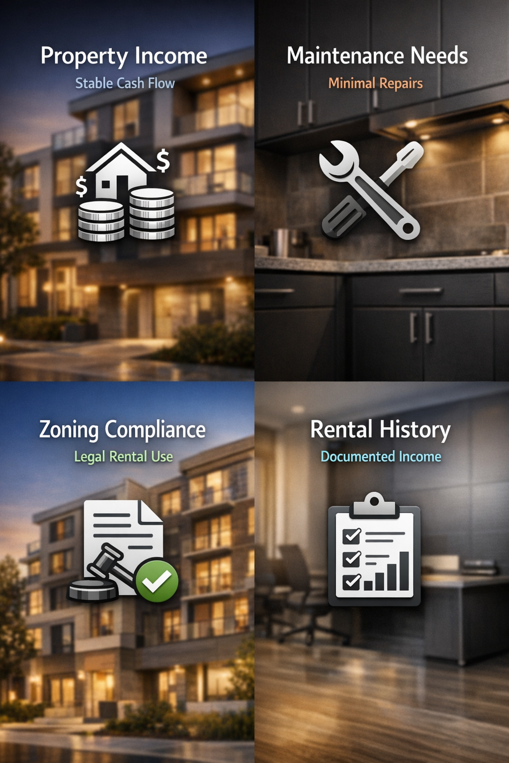 Infographic showing essential features of DSCR-friendly investment properties including income stability and maintenance needs.