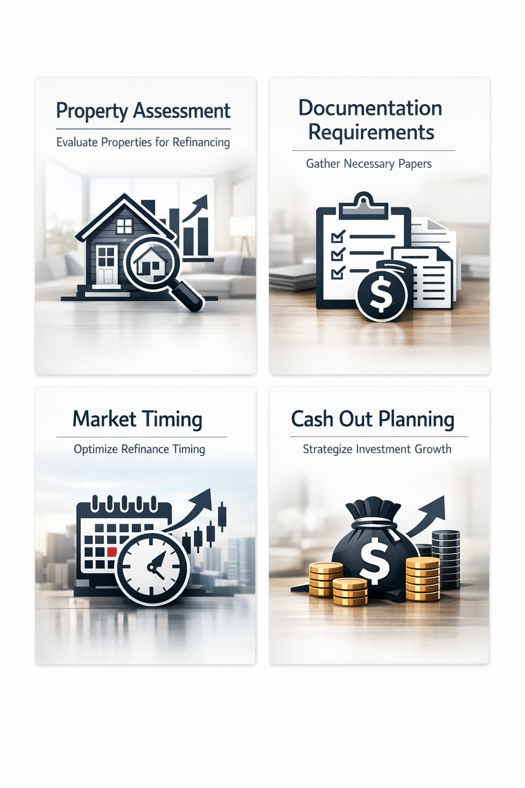 Infographic detailing essential property assessment, documentation requirements, market timing, and cash out planning for refinancing.