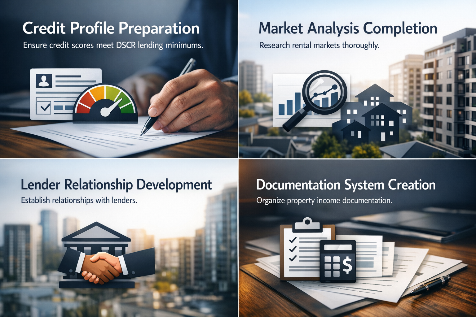 Steps for successful implementation of a long term rental DSCR strategy including credit preparation and market analysis.
