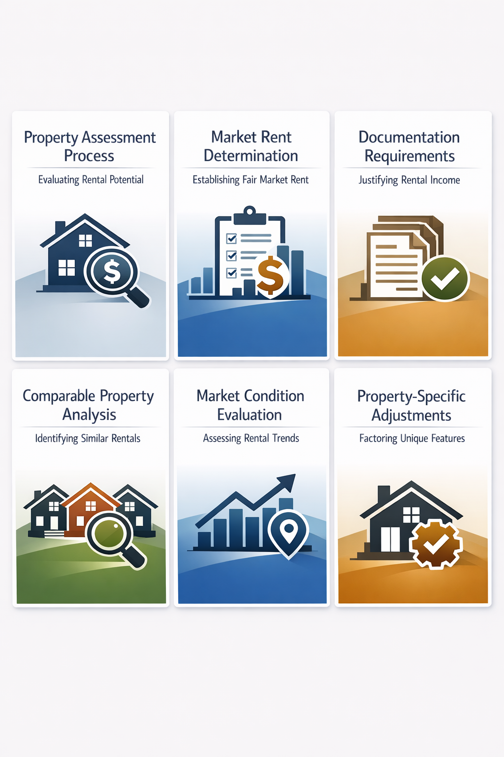 Infographic showing the property assessment process, market rent determination, and documentation requirements for DSCR loans.