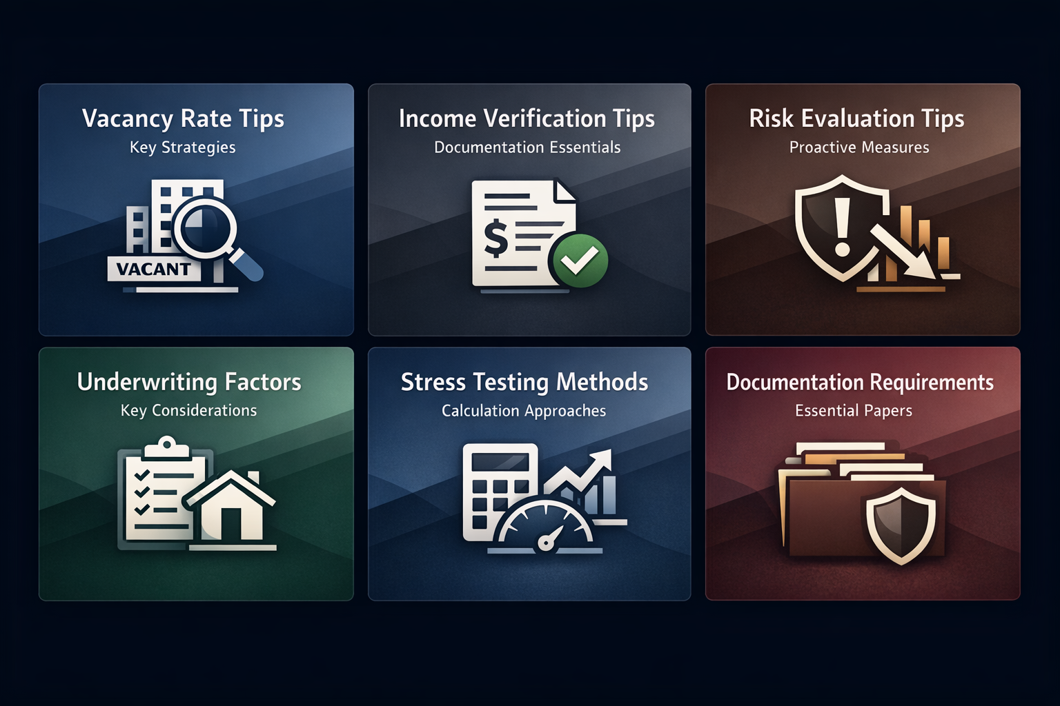Visual guide on vacancy rate assessment, income verification, risk evaluation, underwriting factors, stress testing methods, and documentation requirements.