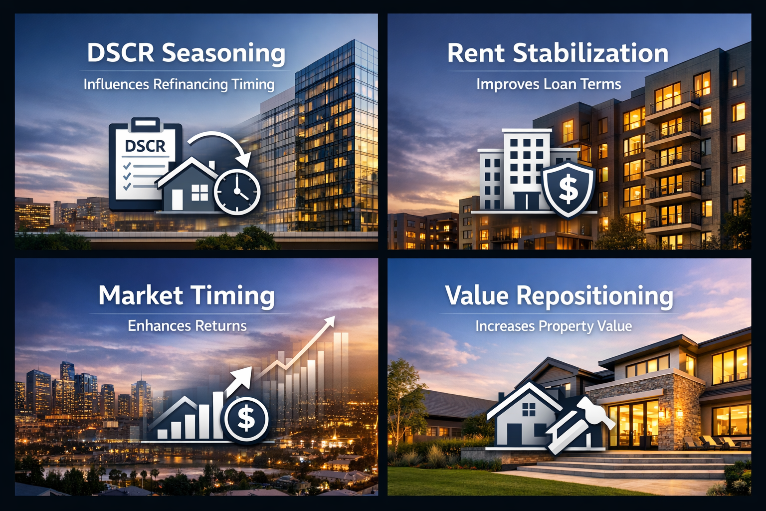 Infographic showing DSCR seasoning, rent stabilization, market timing, and value repositioning for rental refinance strategies.