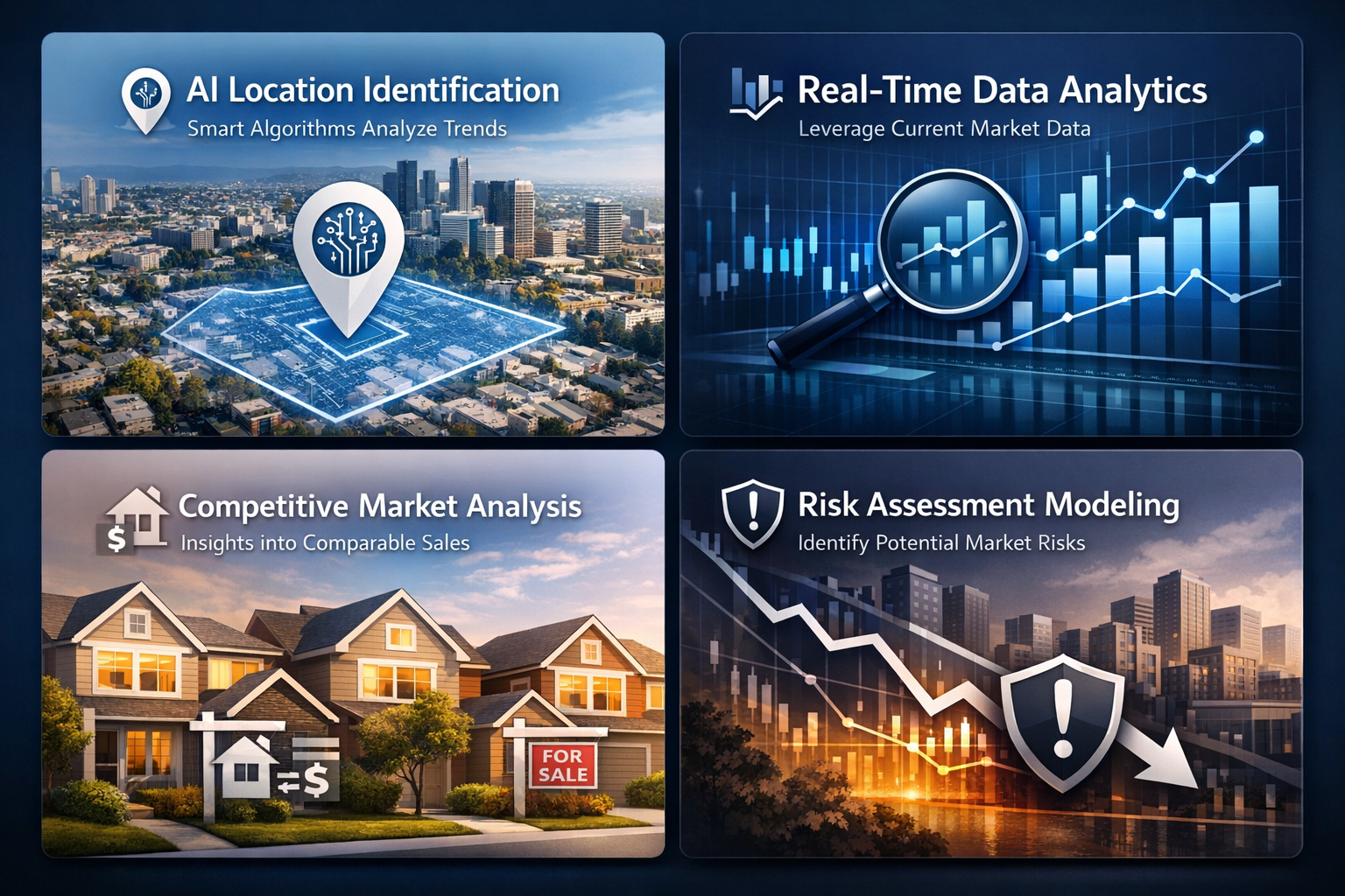 Infographic on technology-driven market analysis for flip pricing with AI location identification and risk assessment modeling.