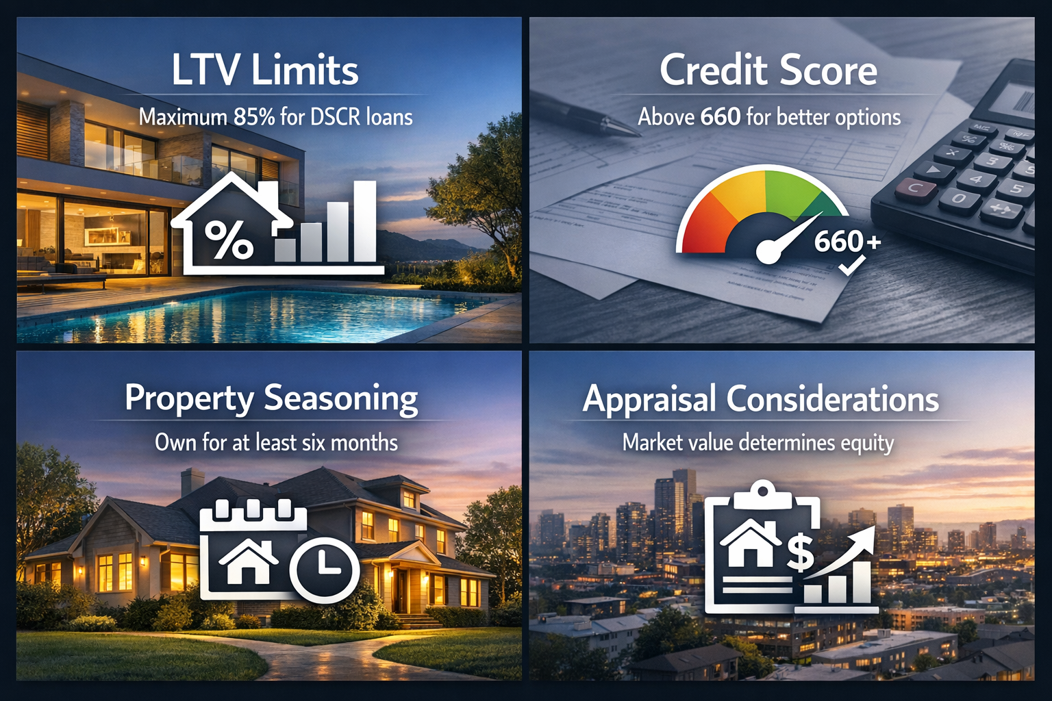 Infographic showing LTV limits, credit score thresholds, property seasoning requirements, and appraisal considerations for cash out rules.