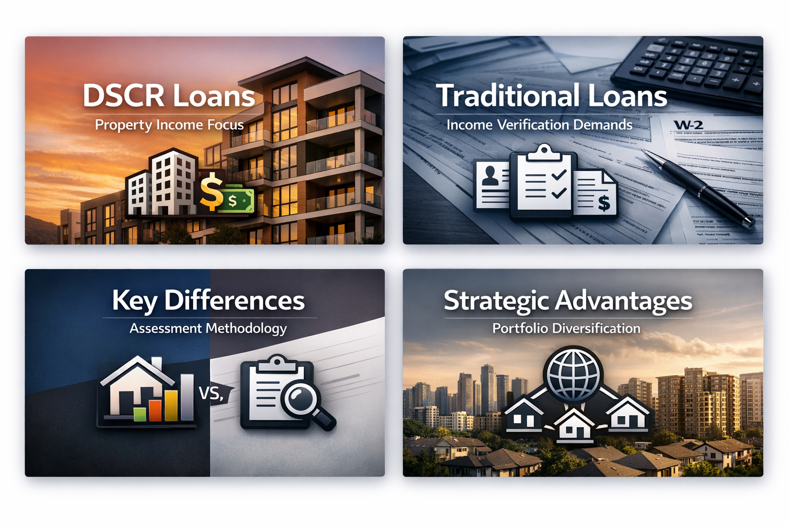 Infographic comparing DSCR loans and traditional loans, highlighting key differences and strategic advantages for investors.