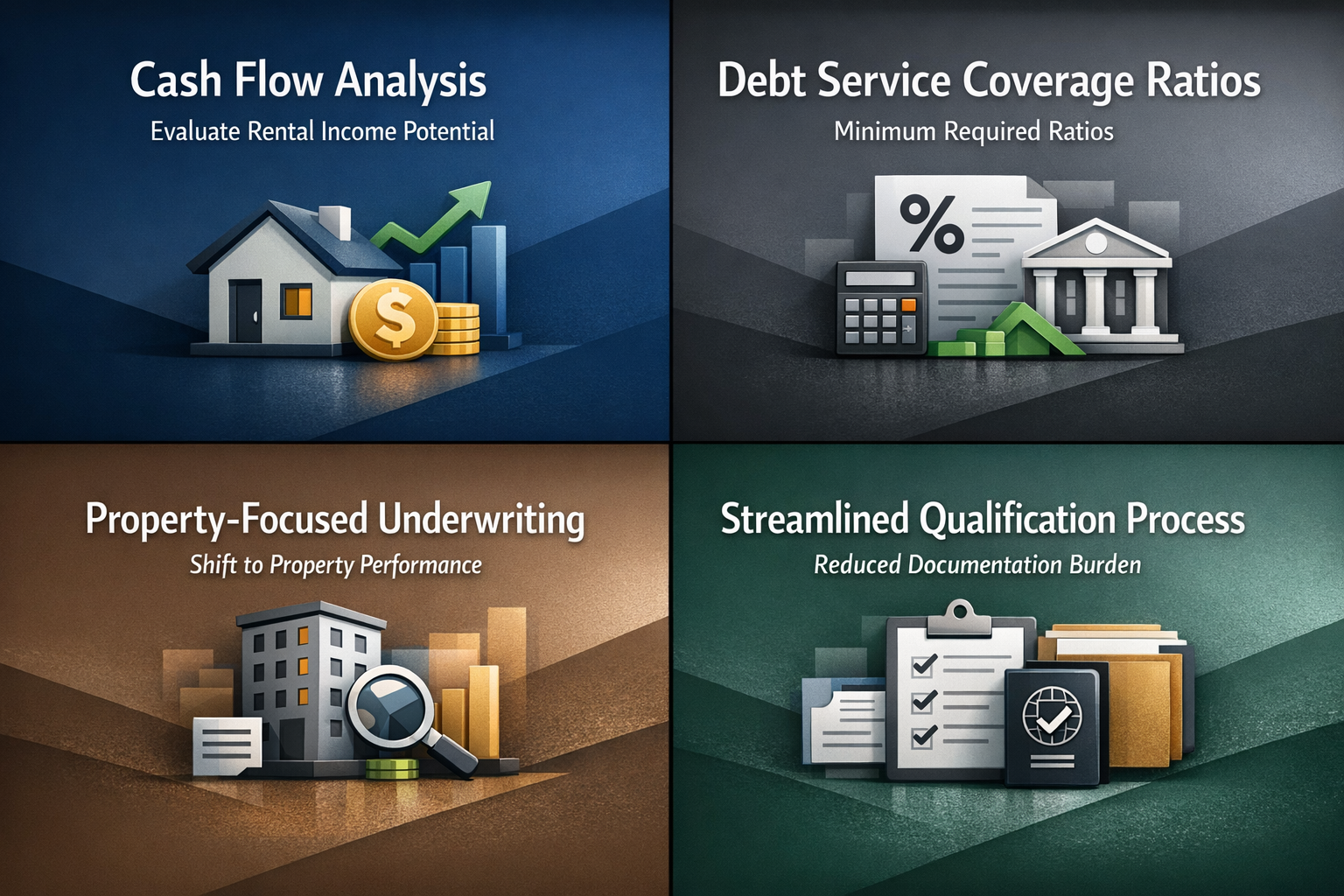 Infographic showing cash flow analysis, debt service coverage ratios, property-focused underwriting, and streamlined qualification process.