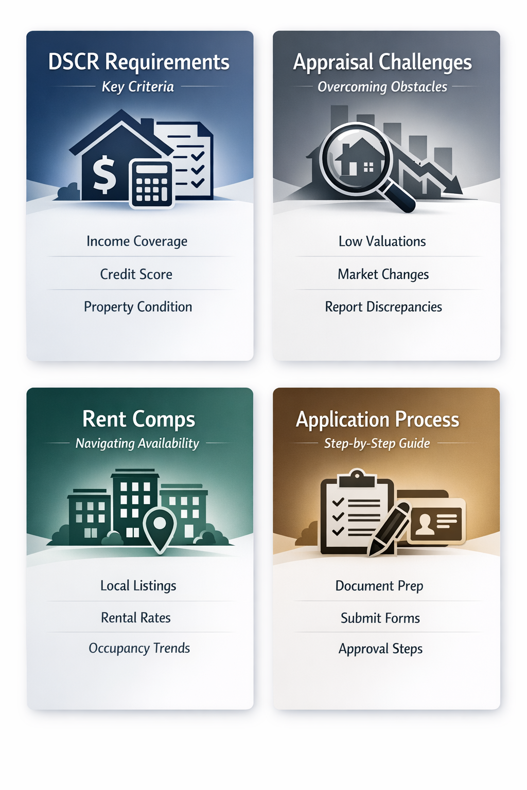 Infographic detailing DSCR requirements, appraisal challenges, rent comps navigation, and the application process for rural properties.