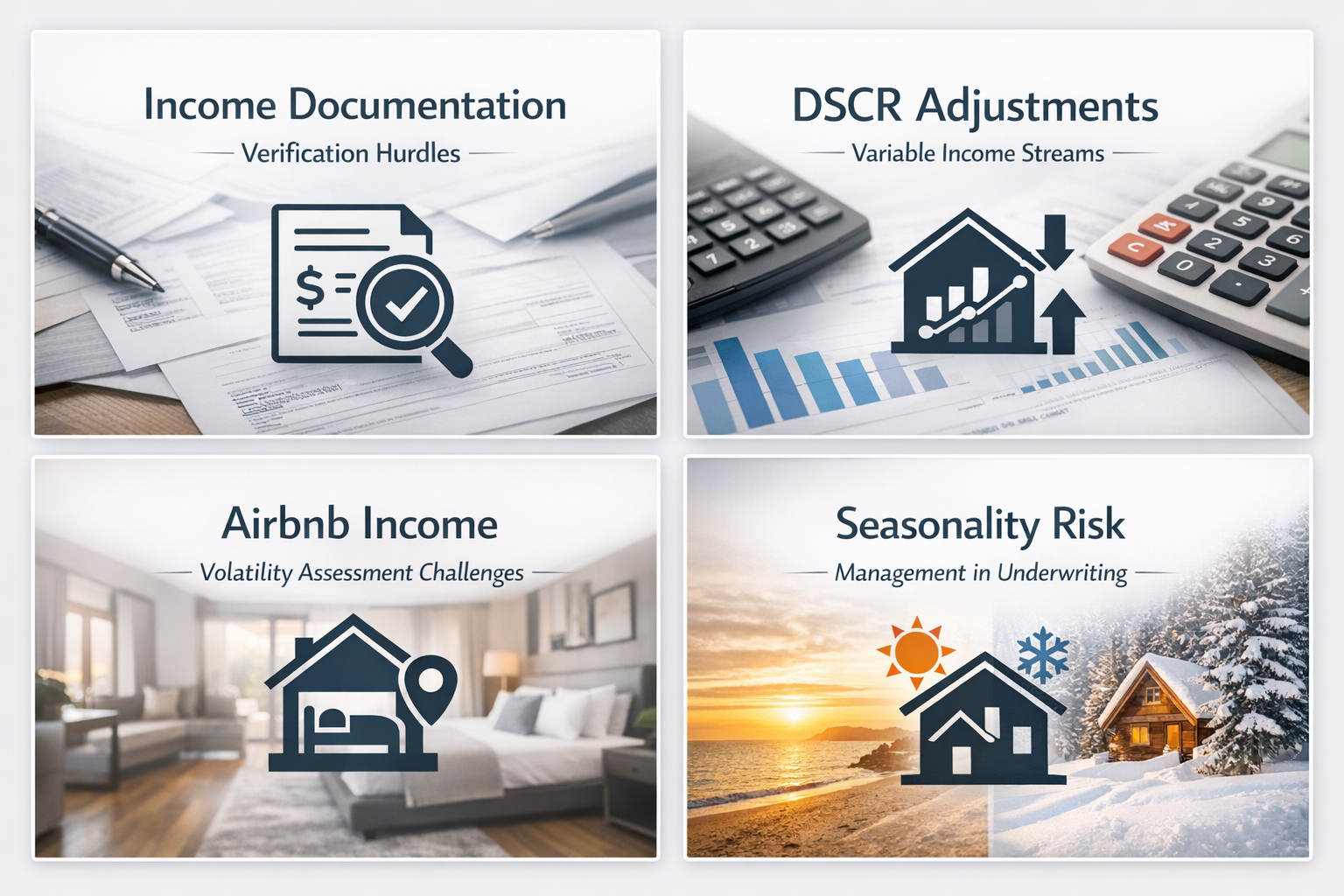 Visual representation of income documentation hurdles, DSCR adjustments, Airbnb income volatility, and seasonality risk management.