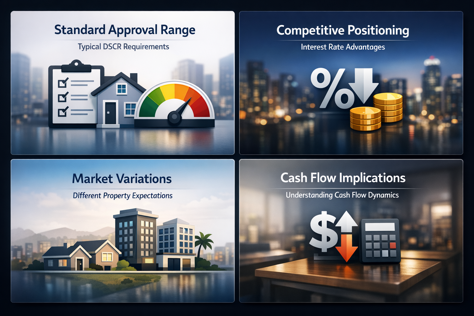 Infographic showing DSCR benchmark levels, approval range, competitive positioning, market variations, and cash flow implications.
