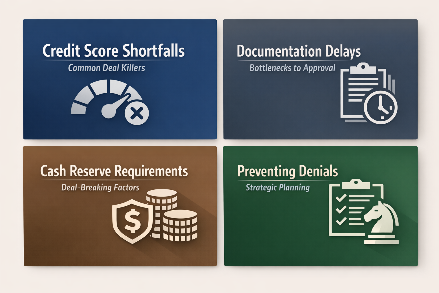 Infographic showing credit-related denials prevention steps, documentation delays, cash reserve requirements, and credit score shortfalls.