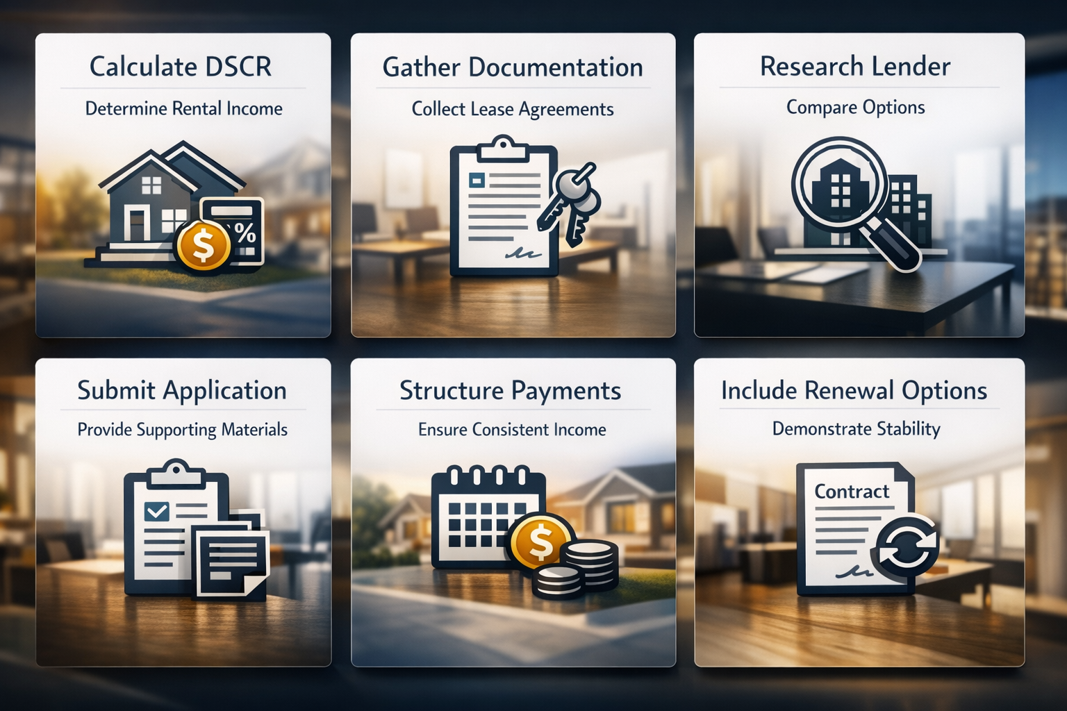 Step-by-step DSCR loan application process with key actions and documentation requirements for real estate investors.