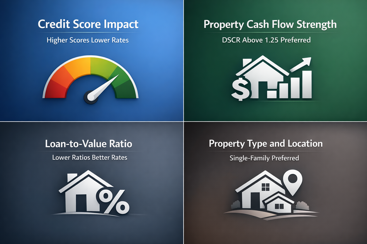 Infographic showing key factors determining DSCR rates: credit score, cash flow strength, loan-to-value ratio, property type.