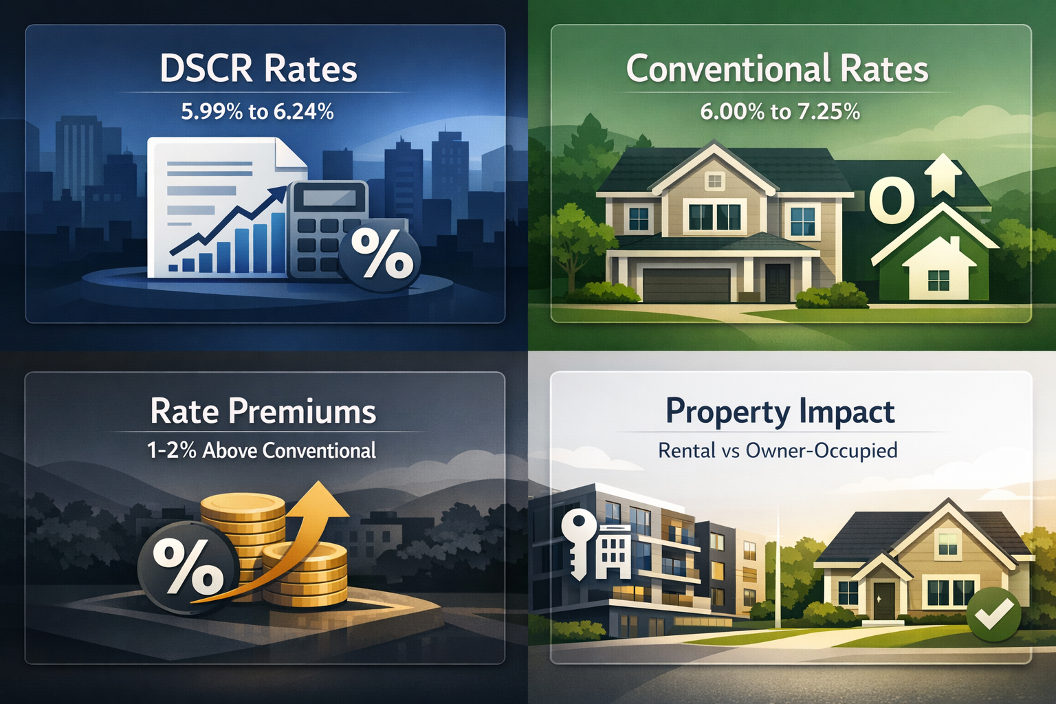 Comparison of DSCR rates and conventional rates with details on rate premiums and property impact for investors.