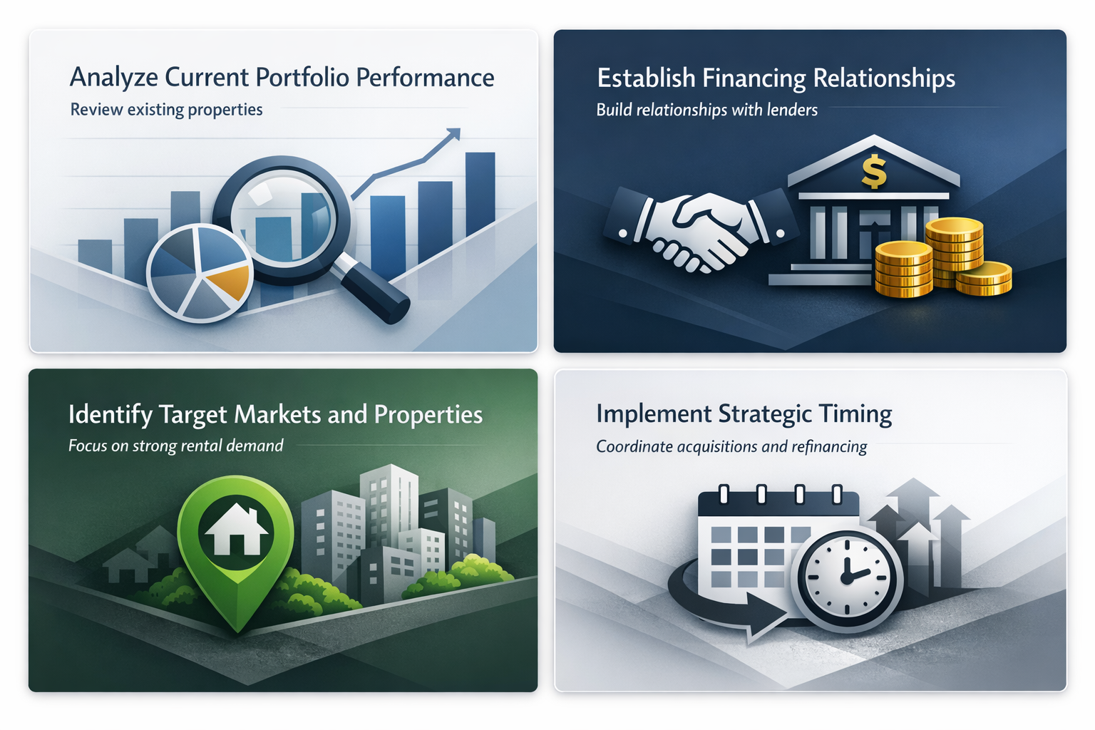 Step-by-step process for DSCR portfolio scaling with analysis, financing, market targeting, and timing strategies.