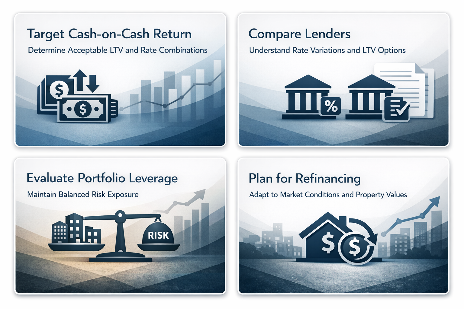 Steps for optimizing DSCR loan strategy including cash-on-cash return, lender comparison, portfolio evaluation, and refinancing planning.