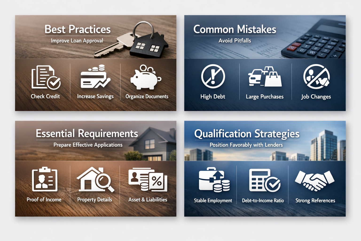 Infographic showing best practices, common mistakes, essential requirements, and qualification strategies for DSCR loans.