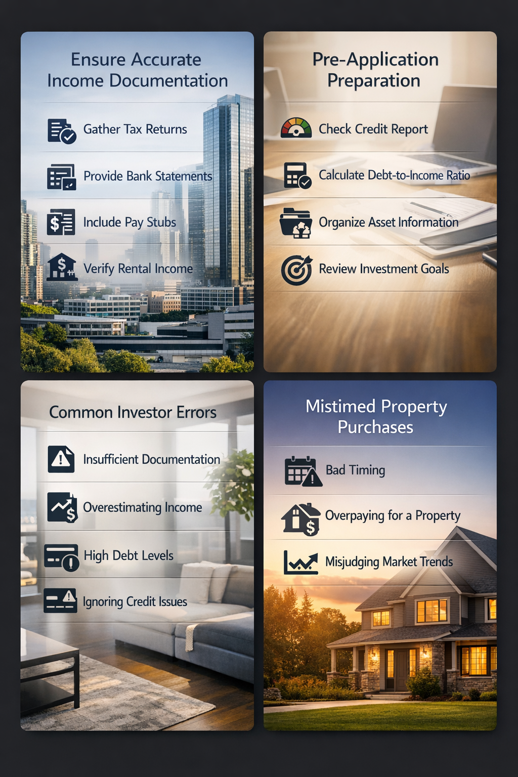 Visual representation of steps for accurate income documentation and pre-application preparation checklist for DSCR loans.