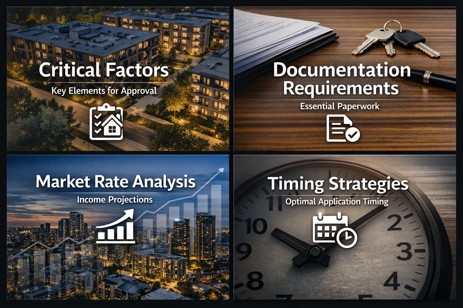Infographic showing critical factors for DSCR approval, documentation requirements, market rate analysis, and timing strategies.