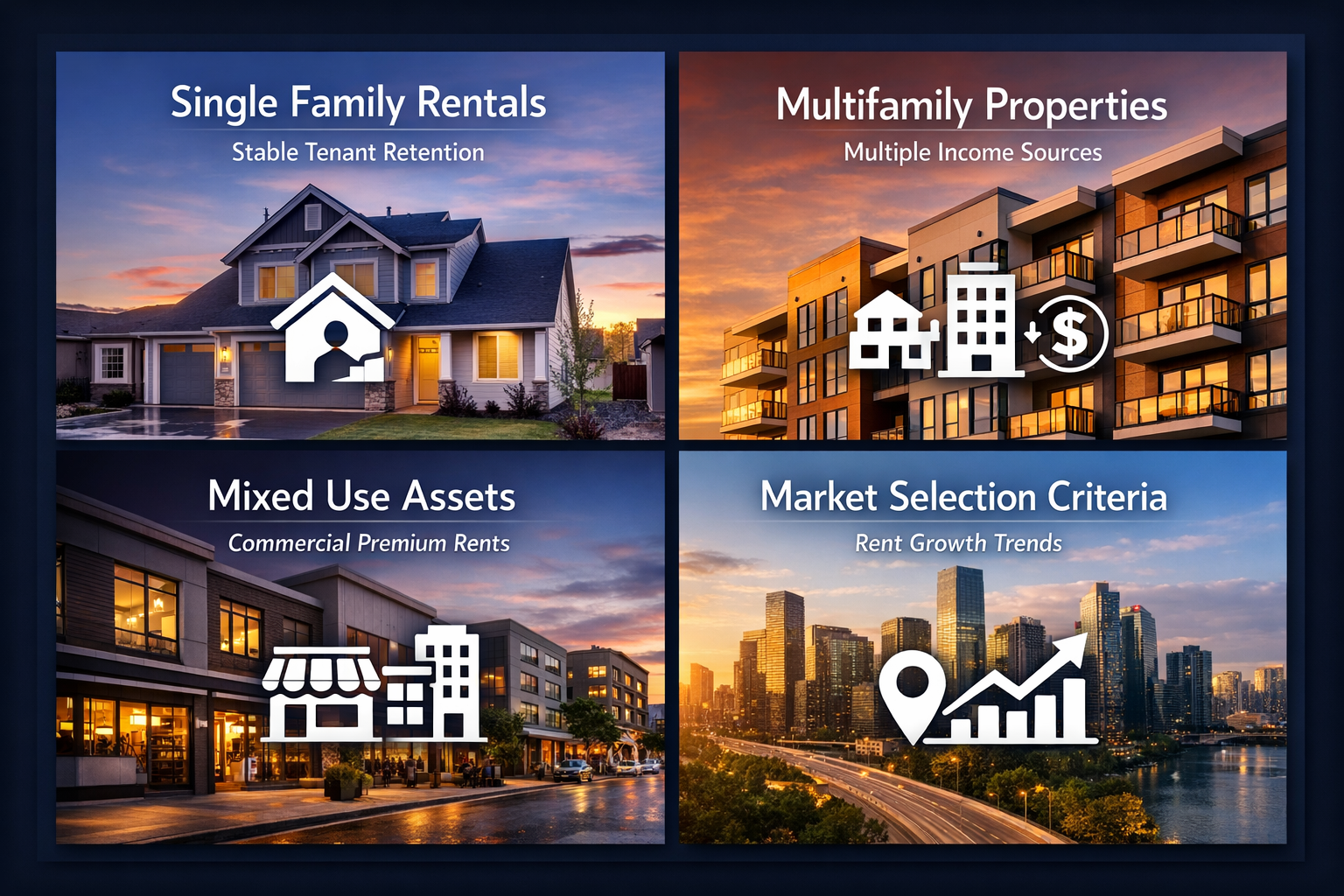 Infographic on best properties for DSCR loans featuring single family rentals, multifamily properties, mixed use assets, and market selection criteria.