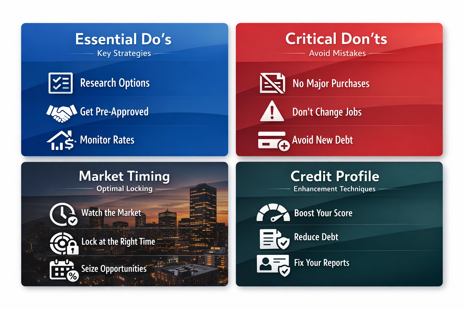 Infographic on DSCR rate locking strategies with do's, don'ts, market timing, and credit profile enhancement techniques.