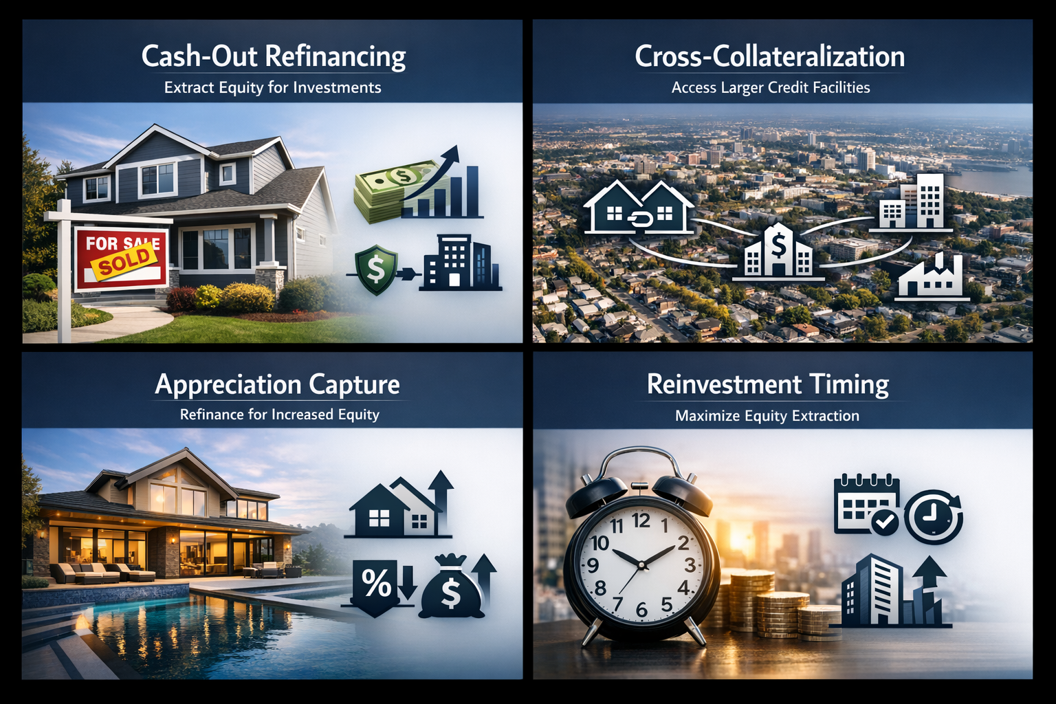 Infographic on equity recycling techniques for portfolio growth, featuring cash-out refinancing, cross-collateralization, appreciation capture, and reinvestment timing.